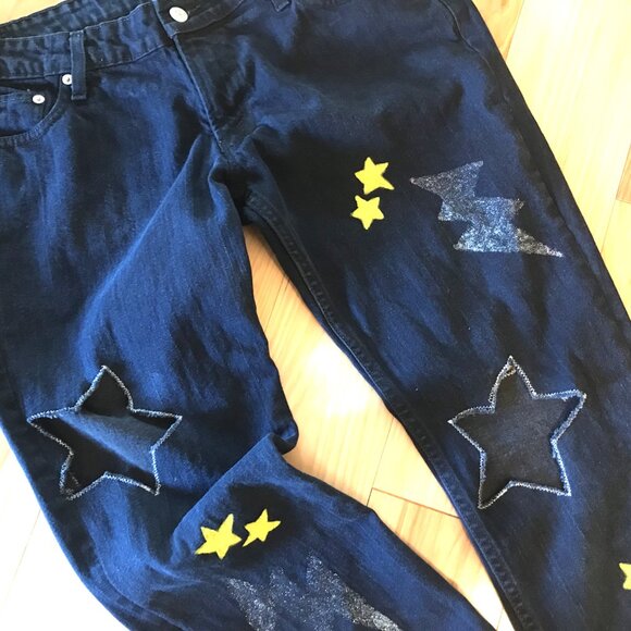 Cutout Jeans, Low Rise Size 15: Upcycled Painted Lightning Bolt Stars Funky Pant - Picture 7 of 12
